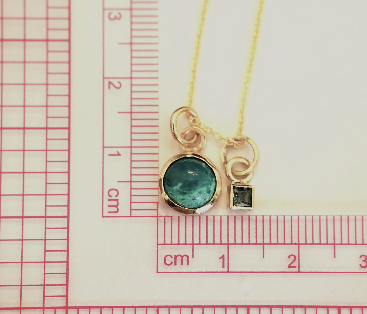 14K Solid Gold Chrysocolla Necklace/ Birthstone Accent/Optional Gold Chain