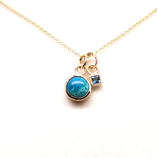 14K Solid Gold Chrysocolla Necklace/ Birthstone Accent/Optional Gold Chain