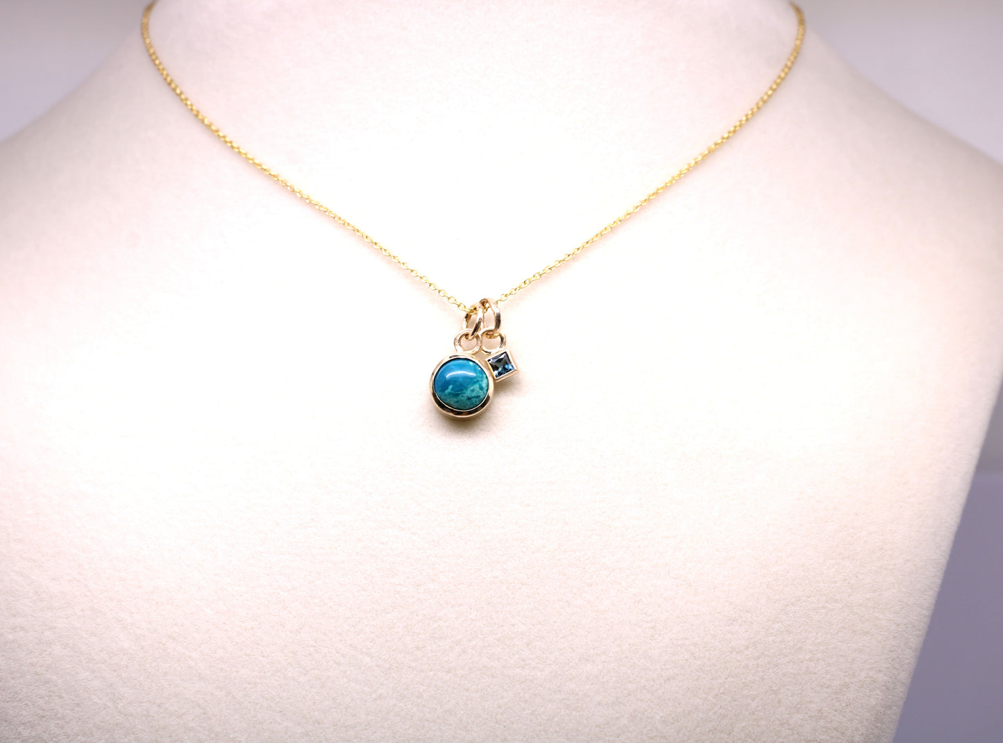 14K Solid Gold Chrysocolla Necklace/ Birthstone Accent/Optional Gold Chain
